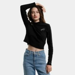 Flash Sale 🌟 Μπλούζα Μακρύ Μανίκι Tommy 👖 Jeans Baby Highneck Signature Γυναικεία Cropped Μπλούζα με Μακρύ Μανίκι BLACK ⌛