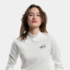 Πολύ καλή προσφορά 😍 Μπλούζα Μακρύ Μανίκι Tommy 👖 Jeans Baby Highneck Signature Γυναικεία Cropped Μπλούζα με Μακρύ Μανίκι ECRU 😀 -Φτηνός Tommy-jeans Κατάστημα tommy jeans baby crop highneck signature 5