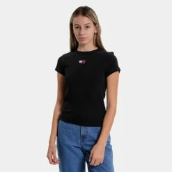 Ολοκαίνουργιο 👍 T-shirts | Μπλούζα κοντό μανίκι Tommy 👖 Jeans Baby Rib Center Badge Γυναικείο T-shirt BLACK 👏