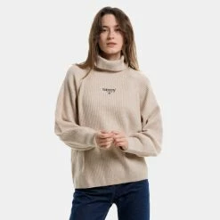 Εκπτωση 👏 Πλεκτά Tommy 👖 Jeans Rib-Knit Turtleneck Γυναικεία Μπλούζα Πουλόβερ Stony Beige 🔥