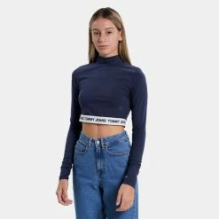Το φθηνότερο ✔️ Μπλούζα Μακρύ Μανίκι Tommy 👖 Jeans Tjw Crop Logo Waistband Ls TWILIGHT NAVY ❤️