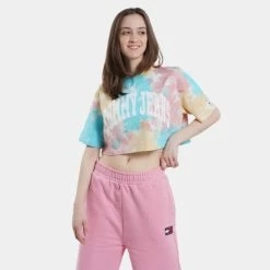 Νέος 🔔 T-shirts | Μπλούζα κοντό μανίκι Tommy 👖 Jeans Oversized College 1 Γυναικείο Cropped T-shirt Tie Dye Multi 🥰 -Φτηνός Tommy-jeans Κατάστημα tommy jeans tjw ovrszd crop tiedye college 1 2