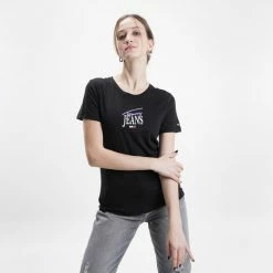 Flash Sale 🔥 T-shirts | Μπλούζα κοντό μανίκι Tommy 👖 Jeans Skinny Essential Logo Γυναικείο T-shirt Black 🌟