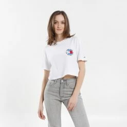 Προώθηση 🎁 T-shirts | Μπλούζα κοντό μανίκι Tommy 👖 Jeans Super Crop Peace Smiley Γυναικείο T-shirt WHITE 🔥