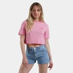 Πολύ καλή προσφορά 🎉 T-shirts | Μπλούζα κοντό μανίκι Tommy 👖 Jeans Tjw Super Crop Signature Γυναικείο Crop Top Fresh Pink 🛒