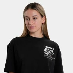 Τοπ 10 😉 T-shirts | Μπλούζα κοντό μανίκι Tommy 👖 Jeans Super Crop Worldwide Γυναικείο T-Shirt BLACK 🥰 -Φτηνός Tommy-jeans Κατάστημα tommy jeans tjw super crop worldwide ss 2